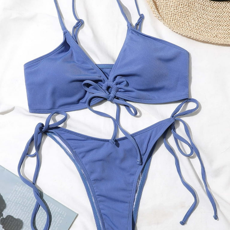 Save Big Women's Bikini Swimsuit Summer Fashion Cozy Outfits for Girls  Front Bandage Swimwear Sets Solid Color Beachwear Strappy Ribbed Bathing  Suit Female Leisure Blue 6 