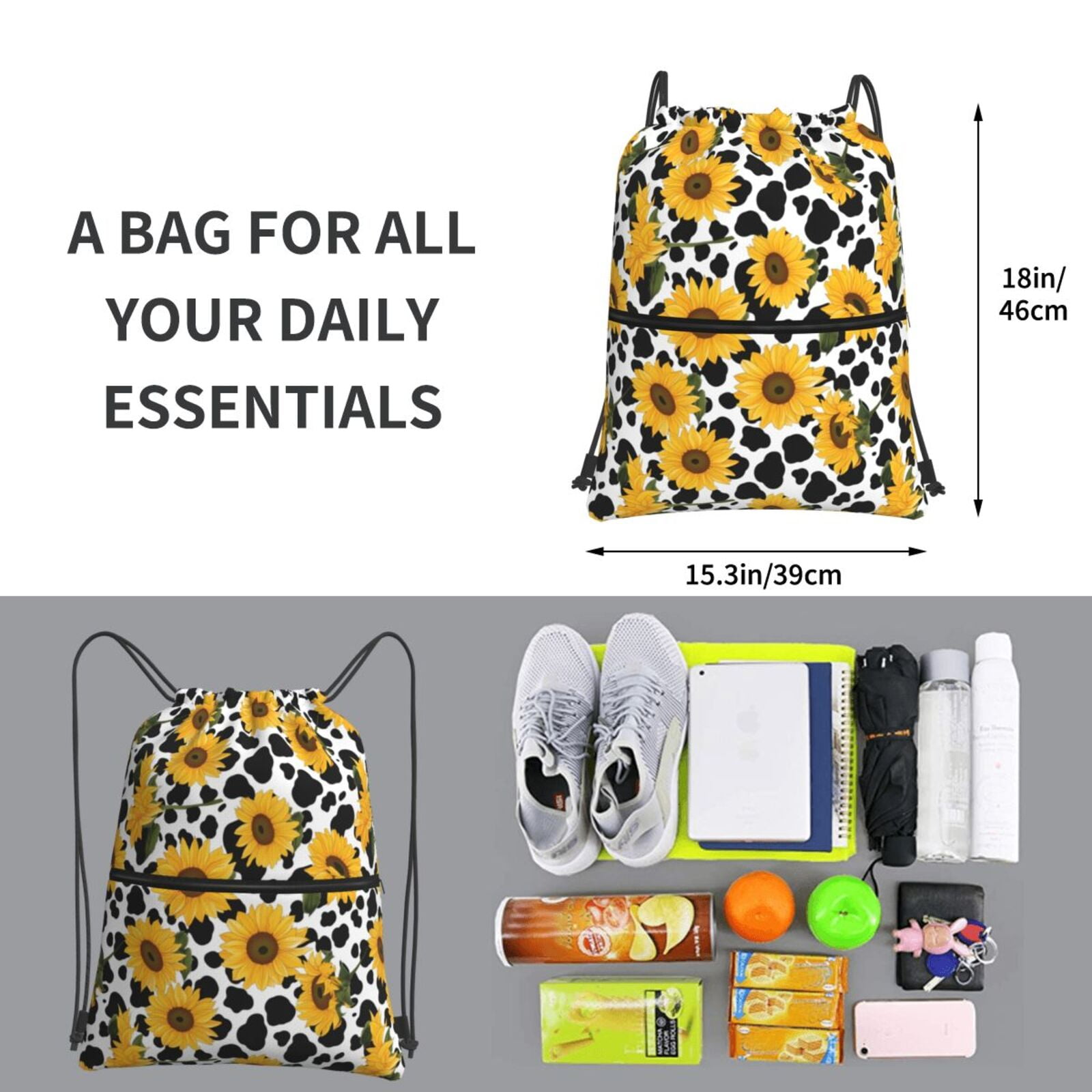 Vsdgher Cow Print Sunflower Drawstring Backpack Water Resistant String Bag Sports Sackpack Gym Sack for Men Women
