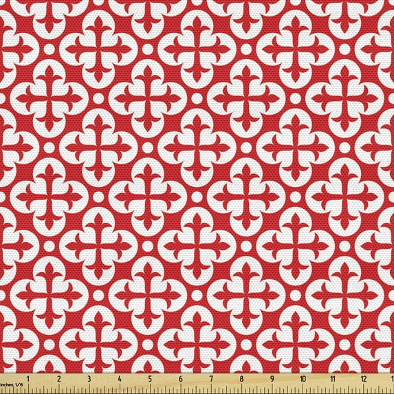Mosaic Fabric by the Yard, Medieval Classic Geometric Clover Leaves Baroque Fashion Flower Nostalgic, Upholstery Fabric for Dining Chairs Home Decor Accents, Dark Coral and White by Ambesonne