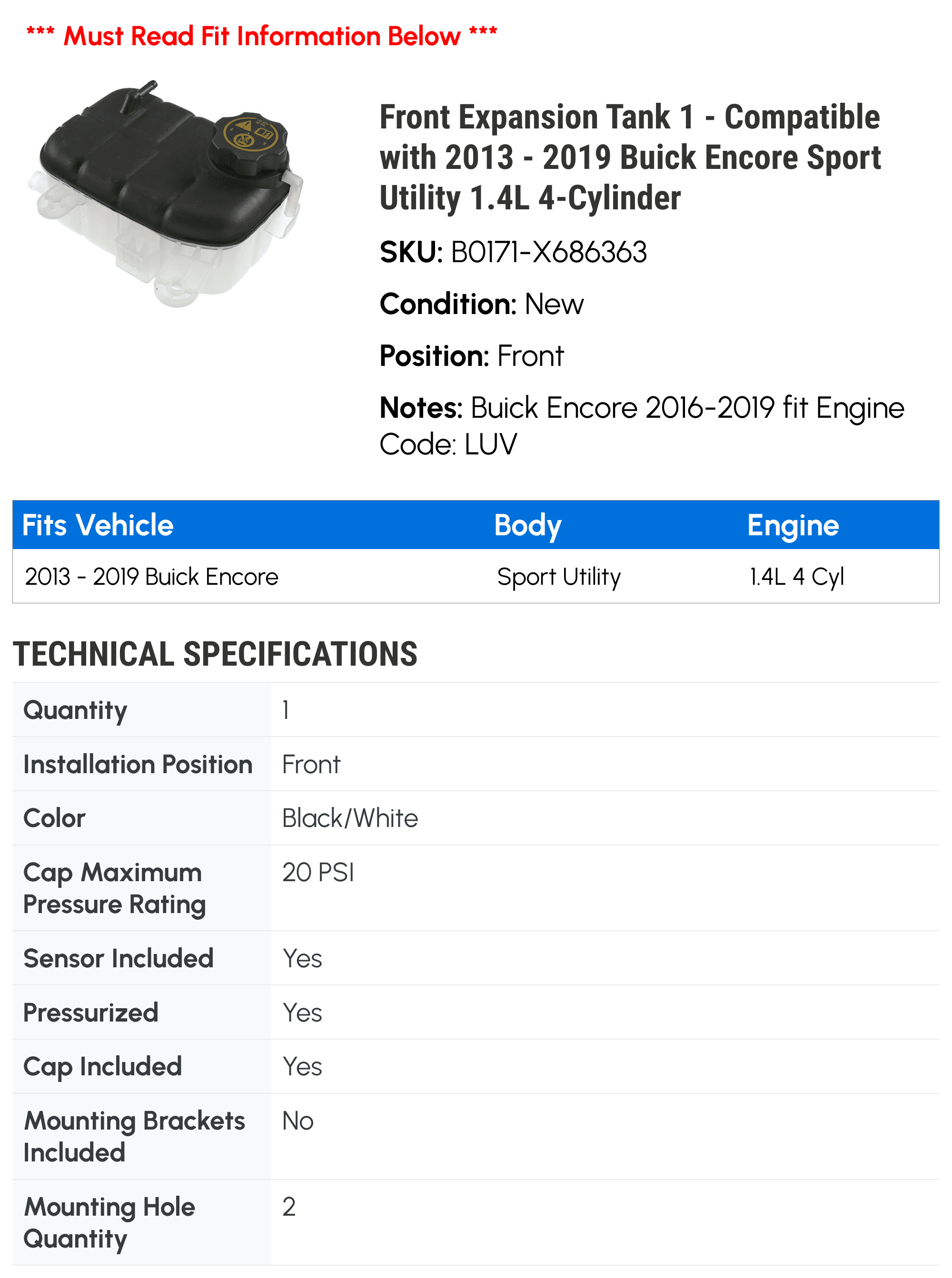 Front Expansion Tank 1 - Compatible with 2013 - 2019 Buick Encore Sport Utility 1.4L 4-Cylinder - Autopart Premium