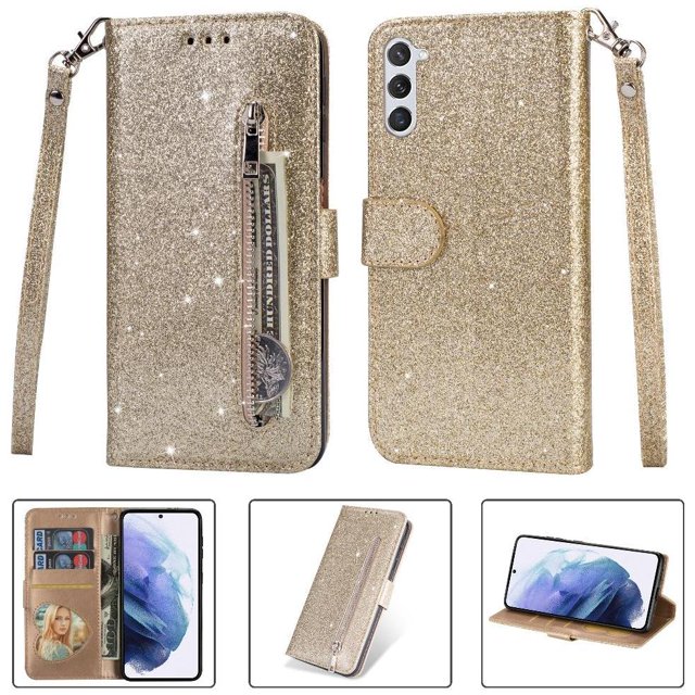 Case for FOXDOCK Samsung Galaxy S23 Plus Glitter Zipper Wallet Case with Short Hand Strap
