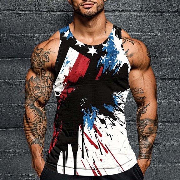 qelini Tank Tops for Men Big and Tall 4th of July Vest Top Crewneck Sleeveless Shirt Vest Patriotic Print Vest