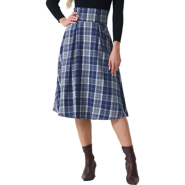 Falda Midi Vintage de Cuadros para Mujeres Inspire Chic con Cintura Alta Elástica L Azul Oscuro