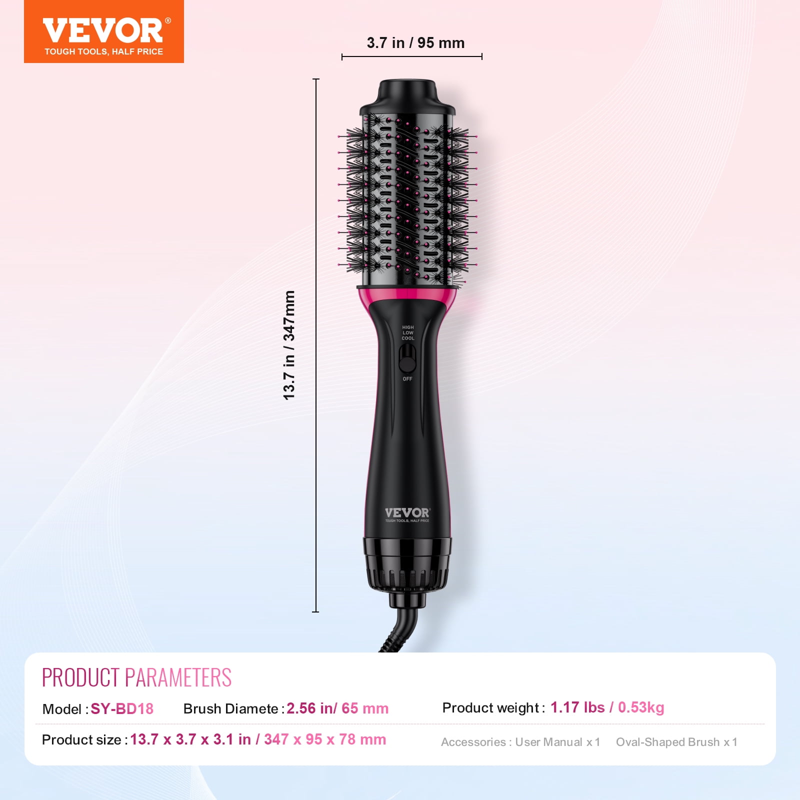 VEVOR Hair Blow Dryer Brush,4 in 1 Ionic Hair Styler and Volumizer with Electroplated Titanium & 2.56" Ceramic Coating Oval Barrel,Dual Voltage 110V/240V Hot Air Styling Brush for Salon Home Travel