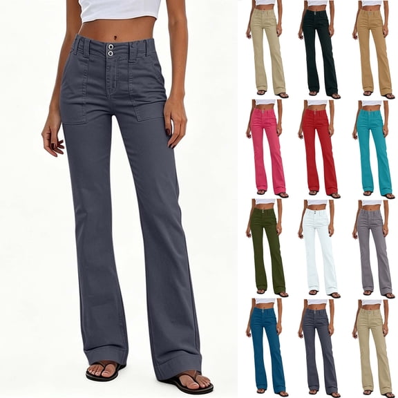 Sevevn Women's High Waist Bootcut Flare Pants Double Button Front Patch Pocket Vintage Casual Cargo Trousers Dark Gray XXL