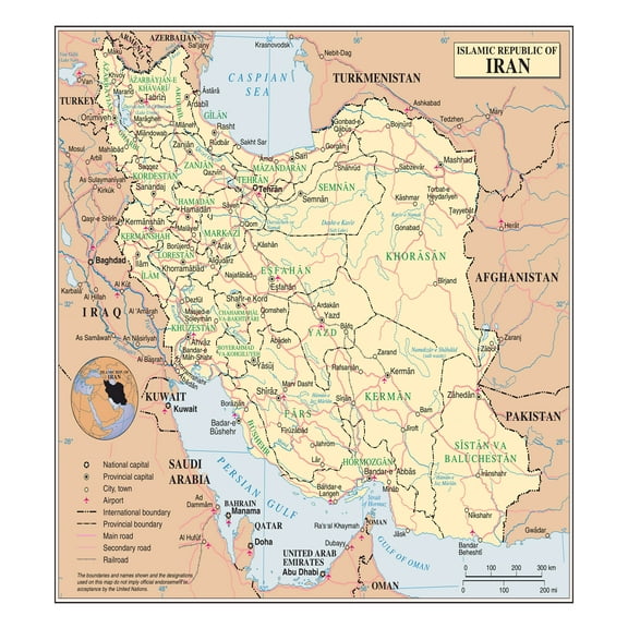 Palmetto Posters 24x27 Laminated Poster: Large detailed political map of iran with roads cities and airports
