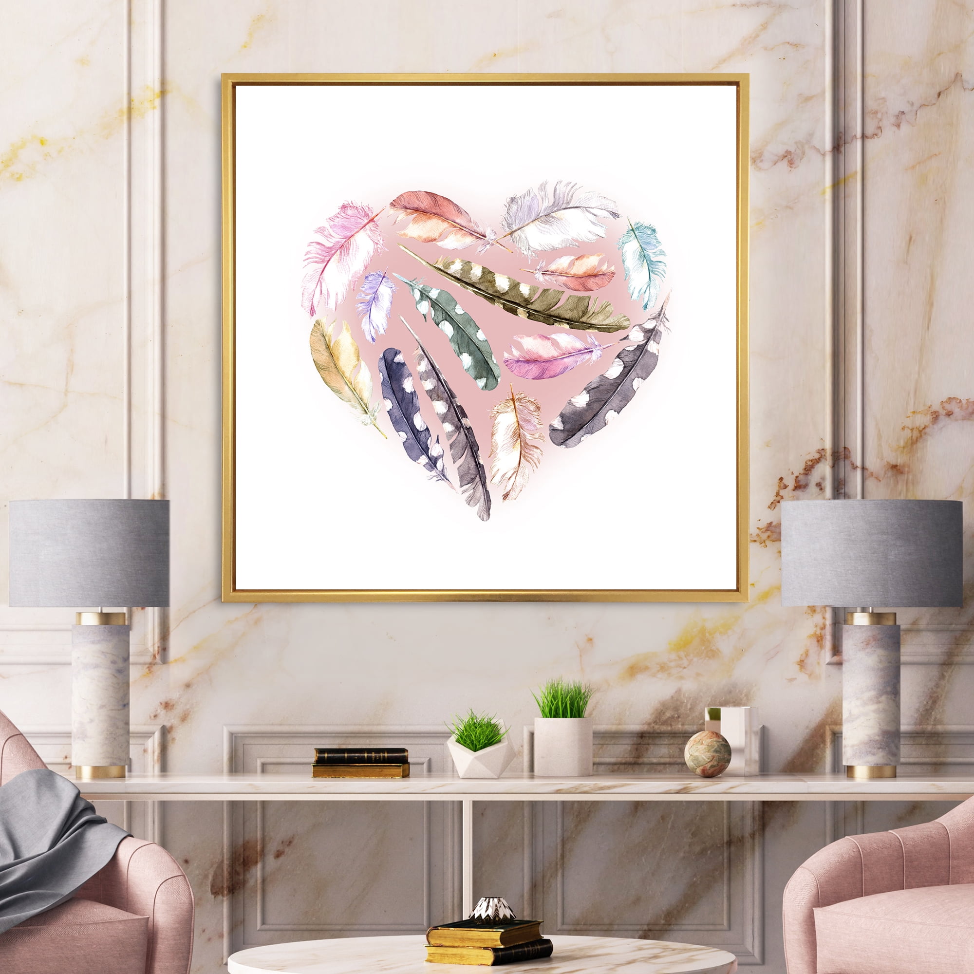 Ethnic Feather In Heart Shape 16 in x 16 in Framed Painting Canvas Art Print, by Designart