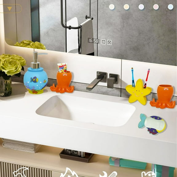 Decorative Bathroom Accessories Set with 2 Octopus Tumblers, 1 Clownfish Soap Dish, 1 Starfish Toothbrush Holder & 1 Ocean Soap Dispenser