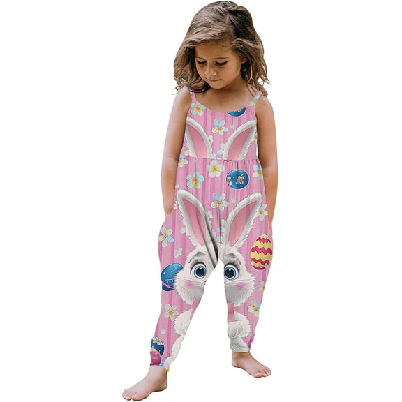 Girls Easter Jumpsuit Kids Little Girls Bunny Print Romper with Pockets Cuffed Harem Spring Outfit Soft Pink,Size 2 T