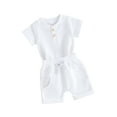 thumbnail image 2 of Musuos Baby Boy Summer Clothes 3 6 9 12M Solid Color Waffle Short Sleeve Button Romper with Shorts 2Pcs Outfit, 2 of 10