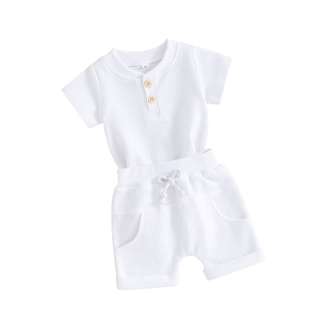 EYIIYE Toddler Boy Summer Clothes Infant Baby Short Sleeve Jumpsuit Crew Button Romper Solid Color Waffle Bodysuit with Drawstring Shorts Little Boys Casual Daily 2Pcs Outfit