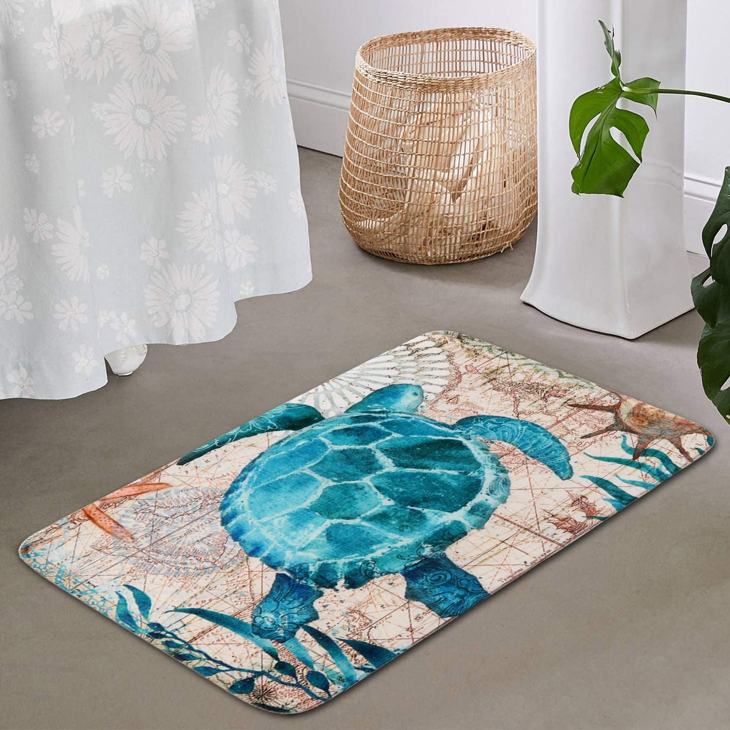 Sea Turtle Bath Rugs for Bathroom Soft Foam Nautical Blue Coastal Animal Printed Bath Rug Non Slip Washable Bath Mats Carpet for Modern Ocean Life Shower Floors Bathtub Decoration 20x31 Walmart