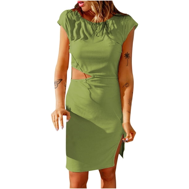 Moda mujer casual sexy cuello redondo sólido verano manga corta mini vestido Fridja bnh1459