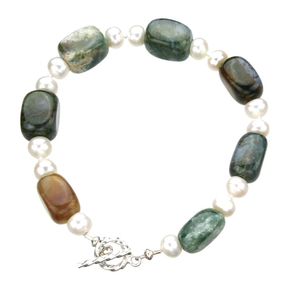 Jasper Agate Stone Nugget Freshwater Cultured Pearls Sterling Silver Toggle Bracelet 6.5 Inches