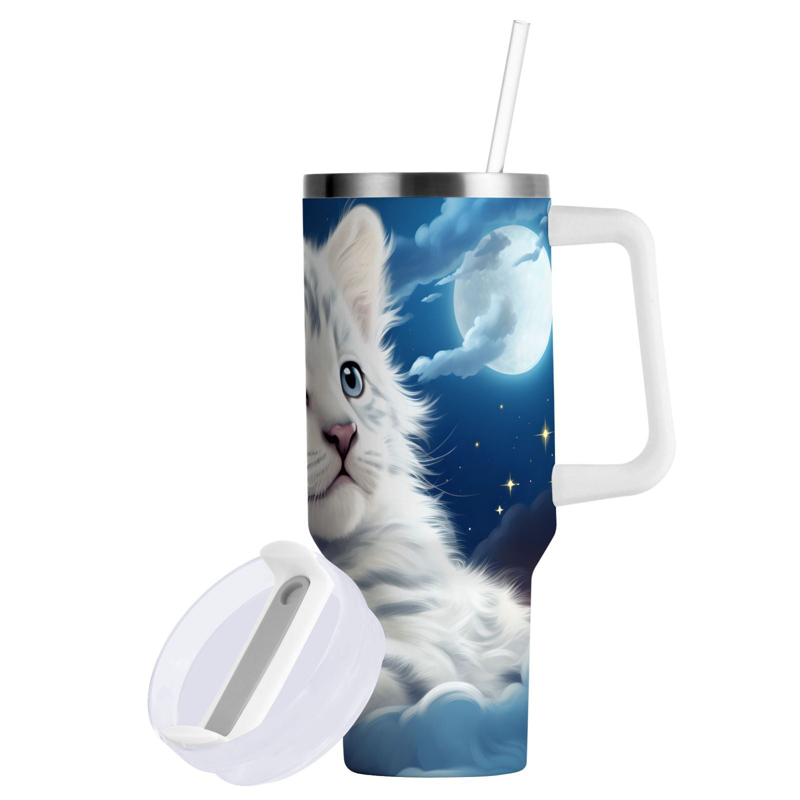 JSTEL Cute White Tiger Baby 30 oz Tumbler Stainless Steel Water Bottle Vacuum Insulated Cup with Straw Lid & Handle For Travel Car Cup Holder