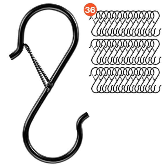 VEVOR S Hooks 36 Pack, 39.68 LBS Capacity for Bars up to 0.85 Inch, S Shaped Hooks with Safety Buckle, Heavy Duty Metal Hangers for Plants, Jeans, Clothes in Garden, Closet, Kitchen, Bedroom, Black