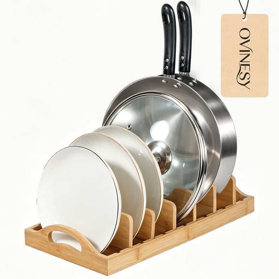OVINESY Bamboo Pot Lid Organizer, 6-Slot Lid Holder Inside Cabinet with Plate & Cutting Board Rack, Pots and Pans Organizer Under Cabinet, Kitchen Storage for Pan Lids, Dishes & Containers