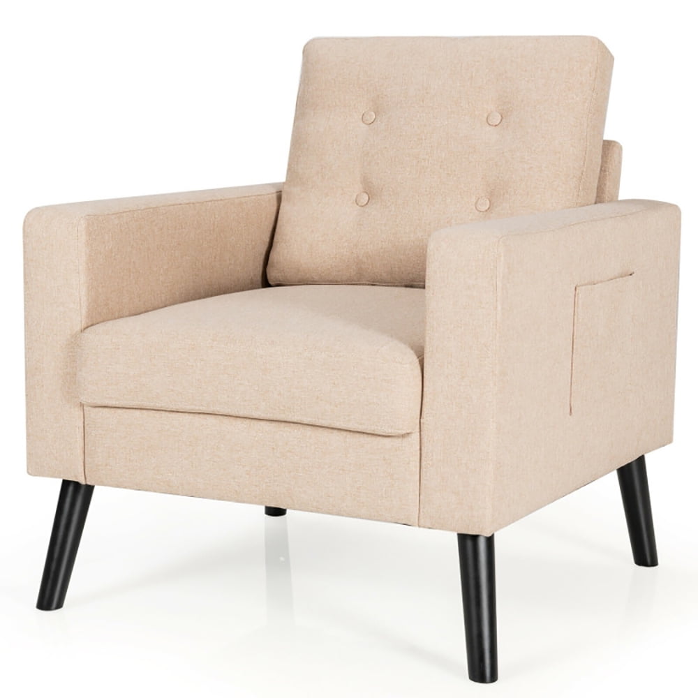 Finihen Upholstered Armchair Chair, Mid-Century Upholstered Armchair Club Chair with Rubber Wood Legs, for Living Room, Bedroom, Beige