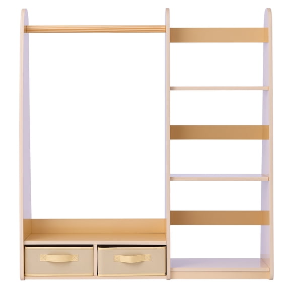 KFFKFF Kids Dress Up Storage with Mirror, Costume Organizer, Toddler Wardrobe Closet with Shelves and Bottom Tray, Armoire for Little Girls, Room Furniture for Bedroom, Natural Finish