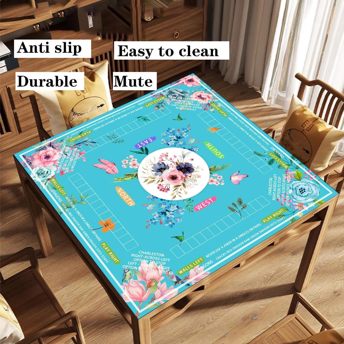 mahjong mat for table with Drawstring Bag/31.5Inch/american mahjong table cloth with rules mats,Noise Reduction Anti-Slip game mat for table,for Mahjong/Poker/Board Games/Card Games/Dominoes (blue)