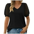 thumbnail image 2 of Wycnly Womens Blouses and Tops Dressy Lantern Sleeve Lightweight Chiffon Patchwork Pullover Tunic Shirts 2024 Summer V-Neck Short Sleeve Solid Casual Blouses Black XXL, 2 of 6