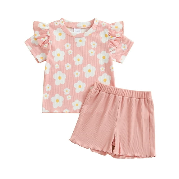 Musuos Toddler Girls Cute Summer Clothes Set, 6M 12M 18M 24M 3Y 4Y Short Sleeve Crew Neck Flower Print T-shirt with Solid Color Shorts