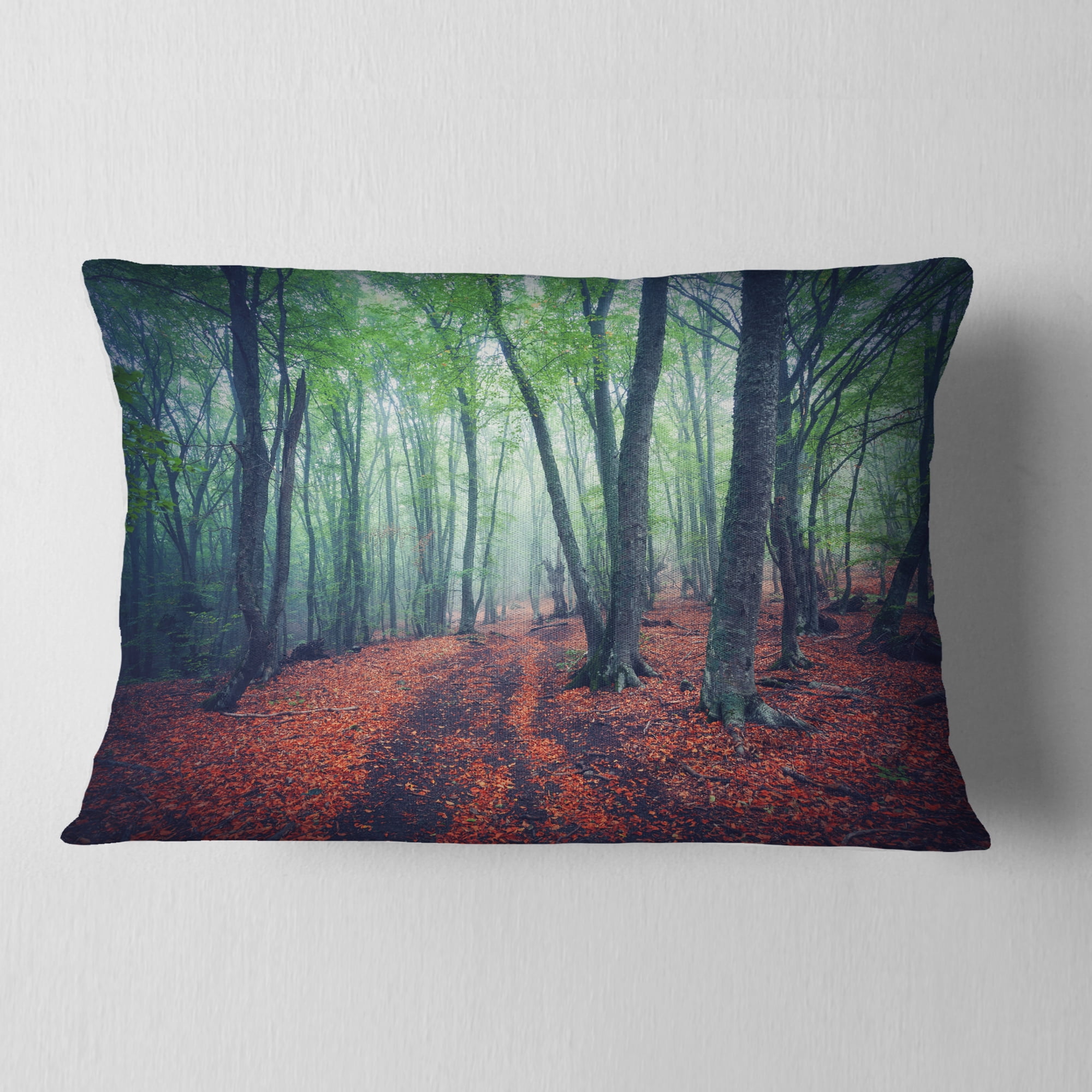 Designart Beautiful Green Autumn Forest - Landscape Photography Throw Pillow - 12x20
