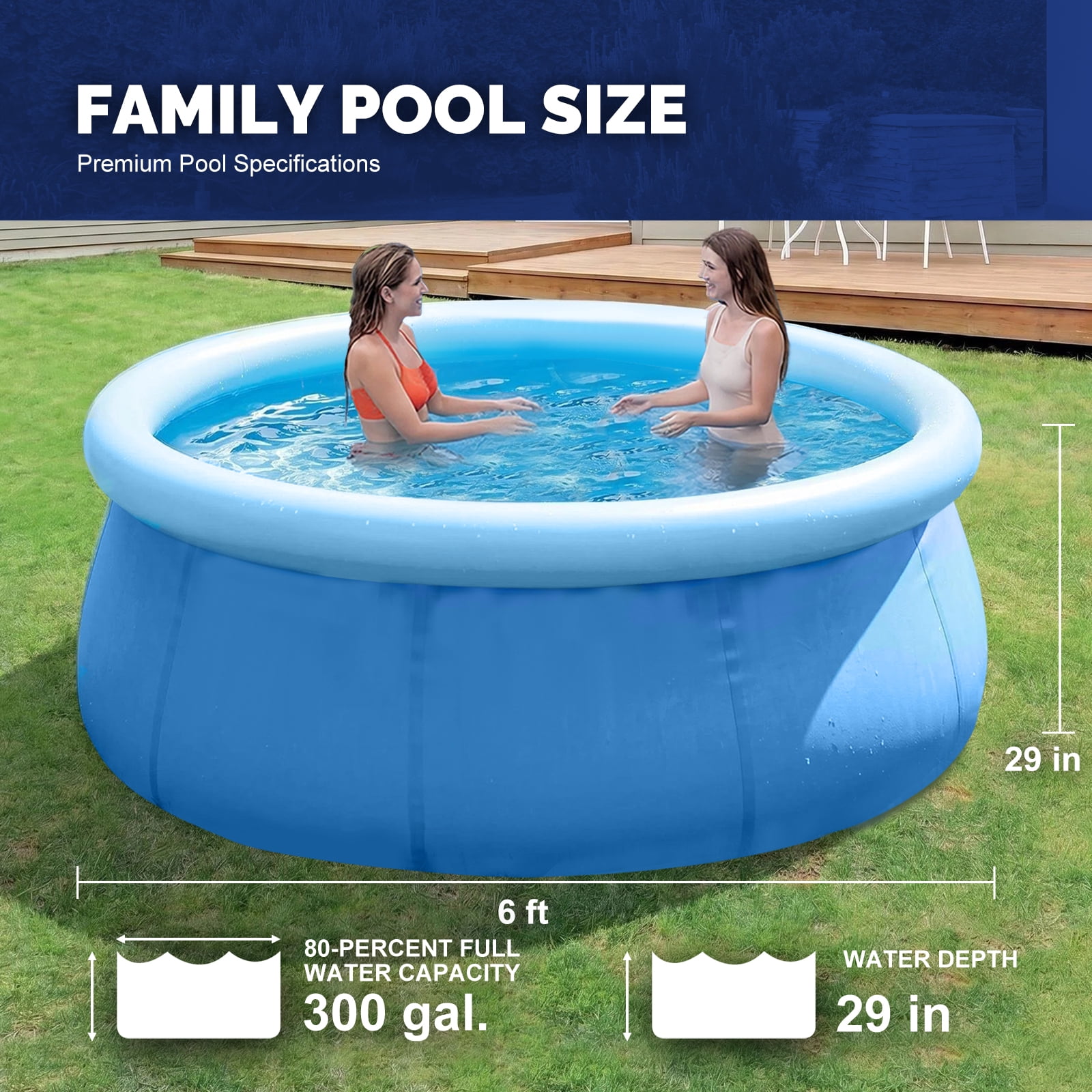 Honeydrill 5.9 ft x 29 in Above Ground Inflatable Pools, Top Ring Round Pool, Blue