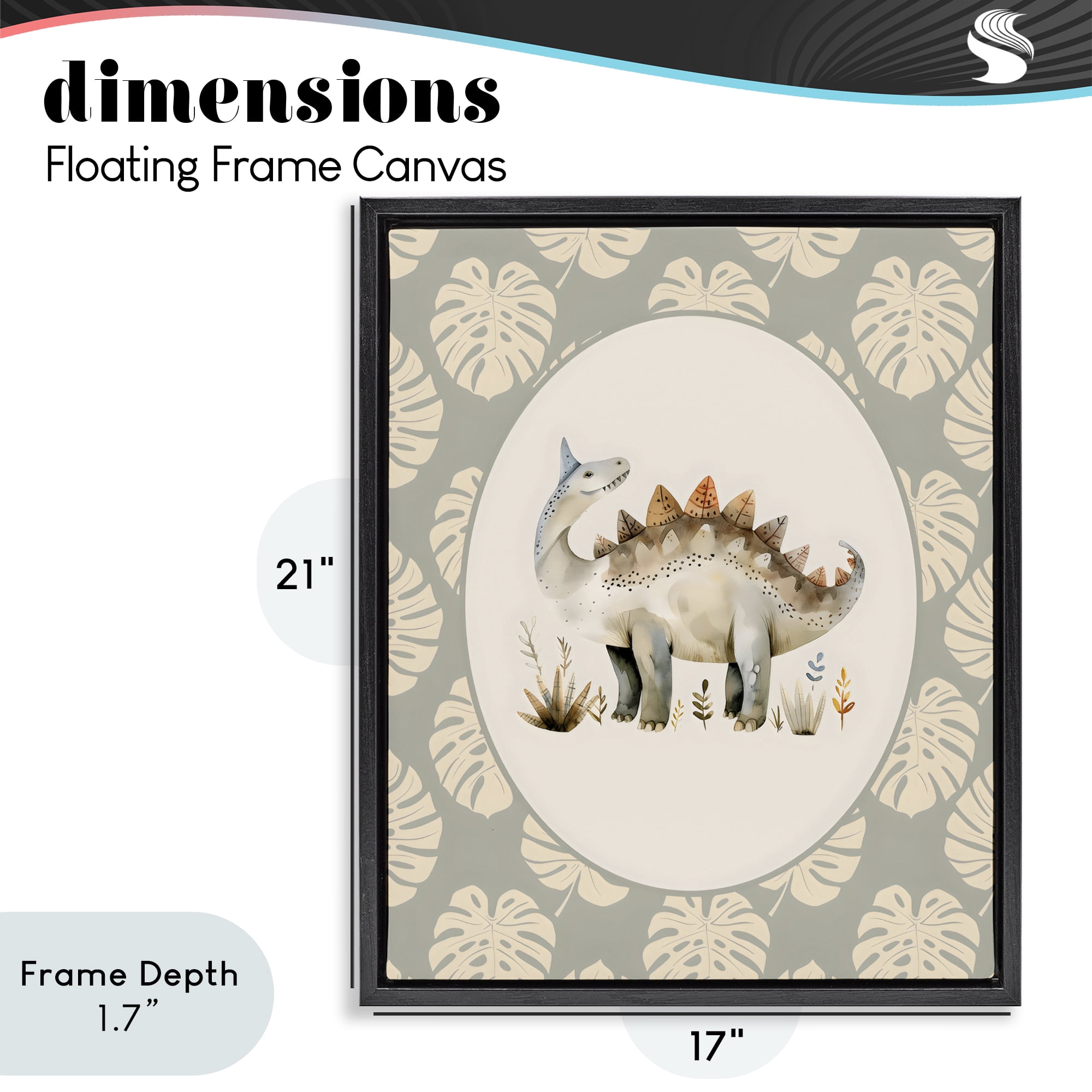 Stupell Industries Watercolor Dinosaur Monstera Border Black Framed Floater Canvas Wall Art, design by LSR Design Studio