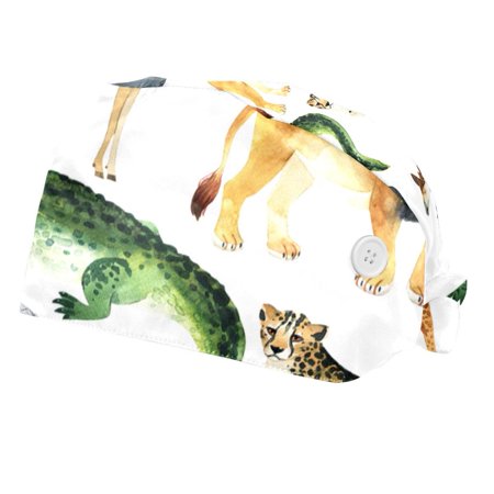 

2PCS Working Cap with Buttons and Sweatband Adjustable Tie Back Hats Bouffant Caps Cartoon Animals Scrub Turban Hat