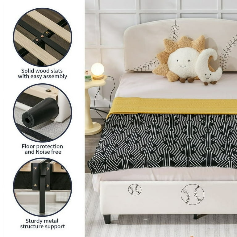 MUZZ Twin Size Bed Frames for Kids, Beige Children Platform Bed, Kids Bed Frame with Sheep Shaped Headboard, Short Plush Fabric Upholstered, Wood