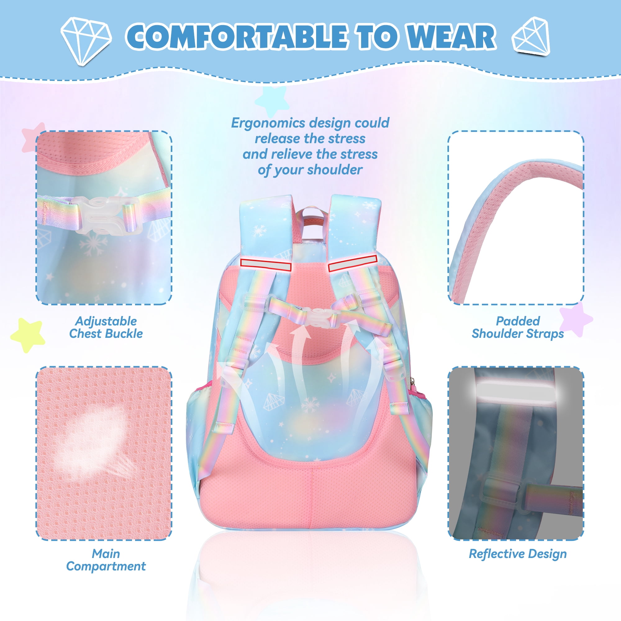DAKIMOE School Backpack Book Bags Primary Middle School Bags for Kids Girls Teens Back to School Large Bookbags with Multi Pocket for 7-14 Years Pink