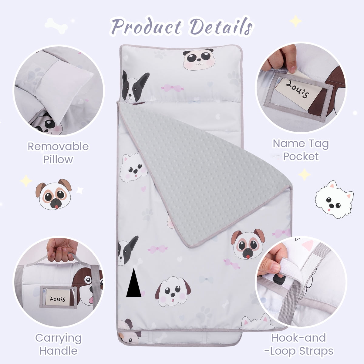 Toddler Nap Mat,  Caveen Sleeping Bag with Blanket and Removable Pillow, Portable Slumber Bags for Daycare and Travel, Easy to Roll, 55"x22", Grey