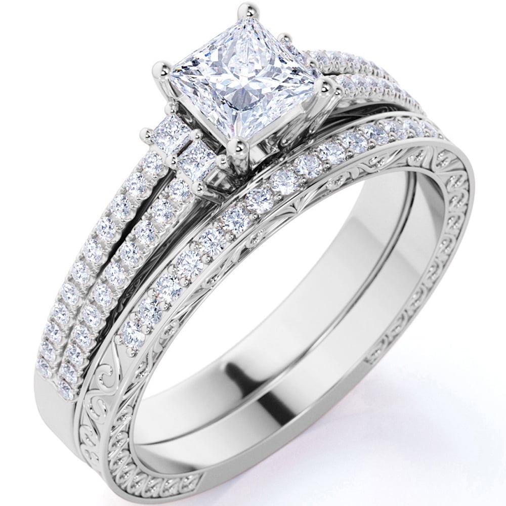 JeenMata Stunning 1.75 ct - Princess Cut Moissanite - Pave - Vintage - Double Band Engagement Ring - Bridal Set - 18K White Gold over Silver