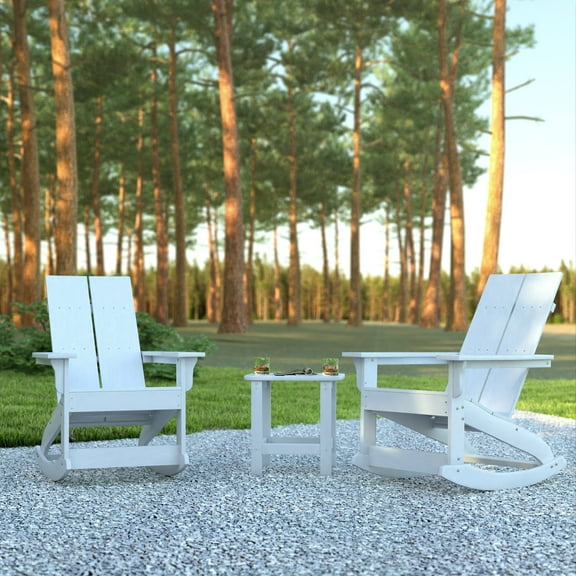 Emma   Oliver Set of 2 Modern All-Weather White Poly Resin Adirondack Rocking Chairs with Matching Side Table for Outdoor Use
