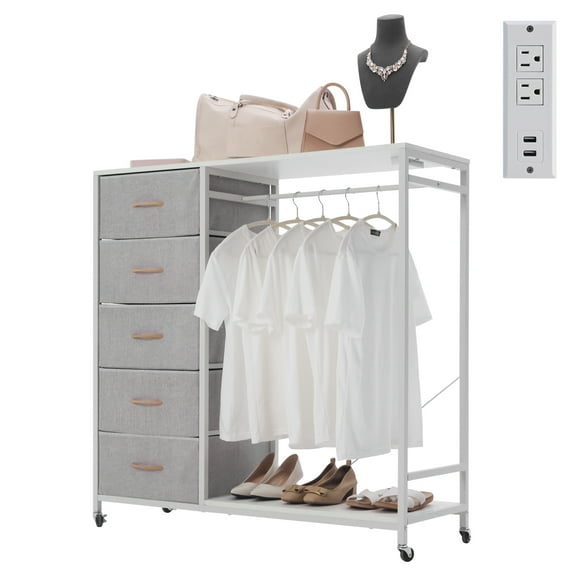 Walsport Dresser for Bedroom with Clothes Rack, 5 Drawers Dresser with Charging Station & LED Lights,Storage Chest of Drawers with Wheels, Wooden Top, Lockable Wheels, Bedroom, Closet(White)