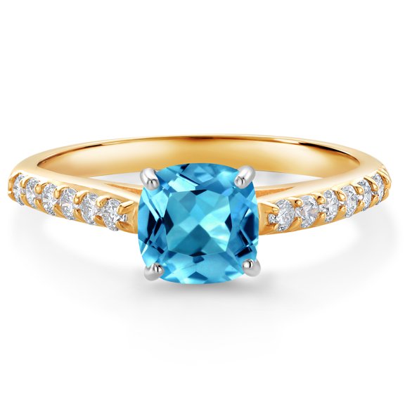 Gem Stone King 10K Two Tone Gold Swiss Blue Topaz and White Lab Grown Diamond Engagement Ring for Women (1.33 Cttw, Gemstone November Birthstone, Cushion 6MM, Size 6)