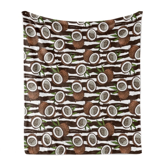 Tropical Soft Flannel Fleece Blanket, Coconut Palm Tree Exotic Climates Beach Ocean Island Jungle Rainforest, Cozy Plush for Indoor and Outdoor Use, 70" x 90", Dark Brown Green White, by Ambesonne