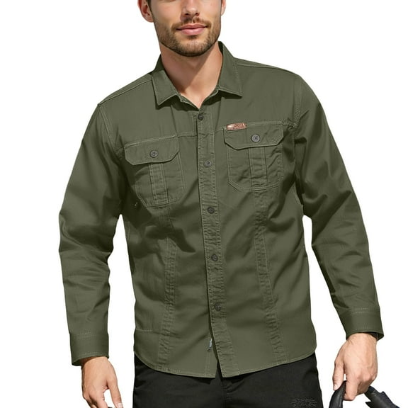 WTOBBY Men's Utility Shirt Long Sleeve Double Pocket Casual Cardigan Style Button Front Workwear Slim Fit Stretch Comfort Daily Wear Top,Army Green L
