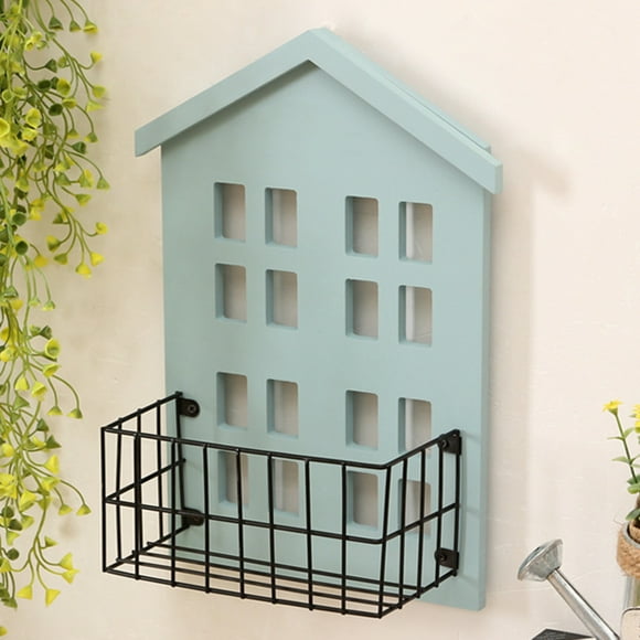 Wall Storage Shelves Hand Made Wood House Shape Wall Mounted Shelf for Bedroom Living Room Light Blue