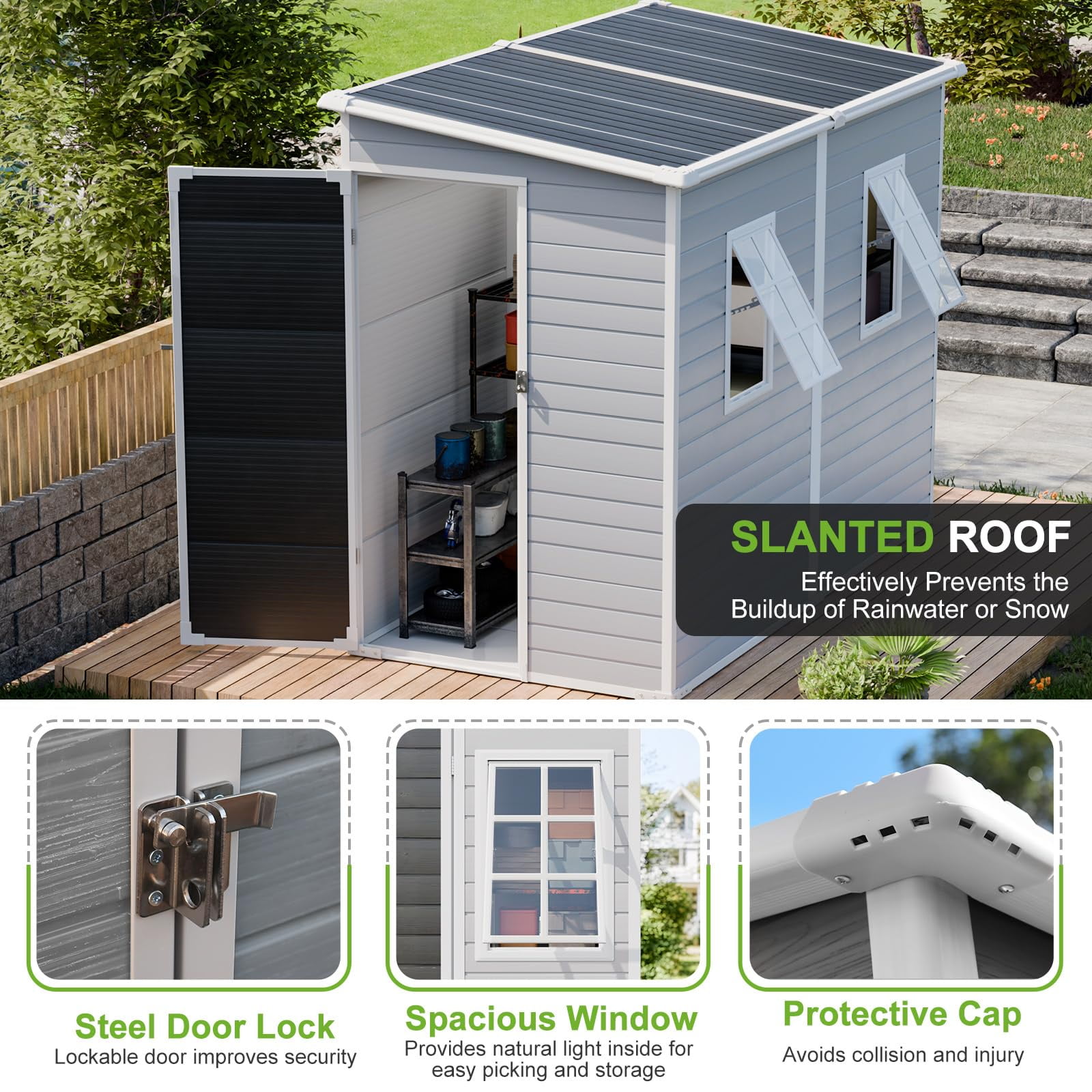 JULY'S SONG 8x4 Outdoor Storage Shed with Floor, Heavy Duty Resin Sheds with Openable Windows & Lockable Doors, Plastic Storage Cabinets for Outside, Grey
