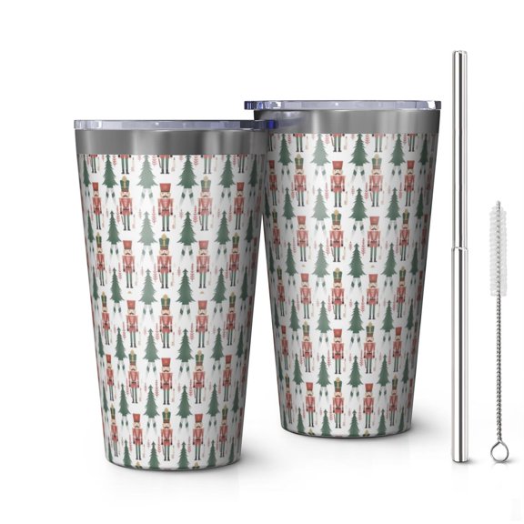 16oz Tumblers White Christmas Nutcracker Pattern Stainless Steel Vacuum Insulated Double Wall Travel Tumbler Cups Mug with Lid and Straw,Cleaning Brush for Coffee,Tea