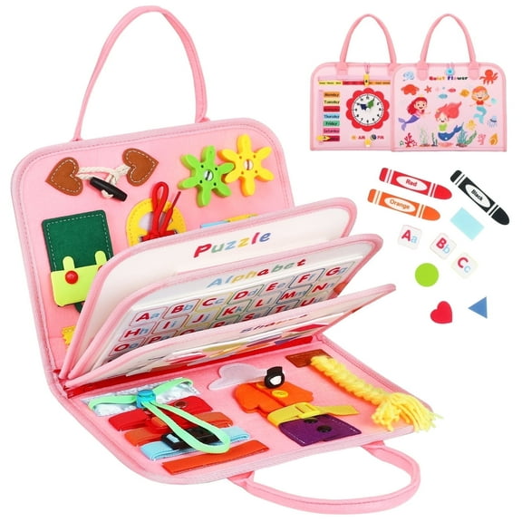 Quiet Flower 8 in 1 Montessori Toy Busy Board , 89pcs  Busy Book Educational sensory Learning Toy for Toddlers ages  1-3 Pink
