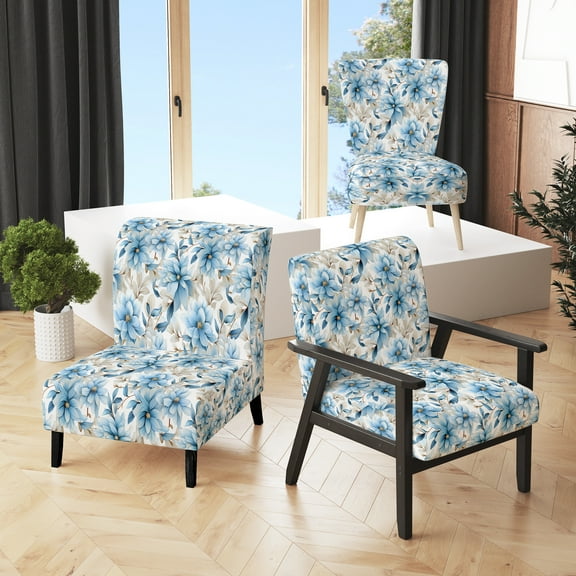 Designart "Serene Blue Seashore Harmony VI" Blue Floral Upholstered Accent Chair - Cottage Arm Chair For Living Room
