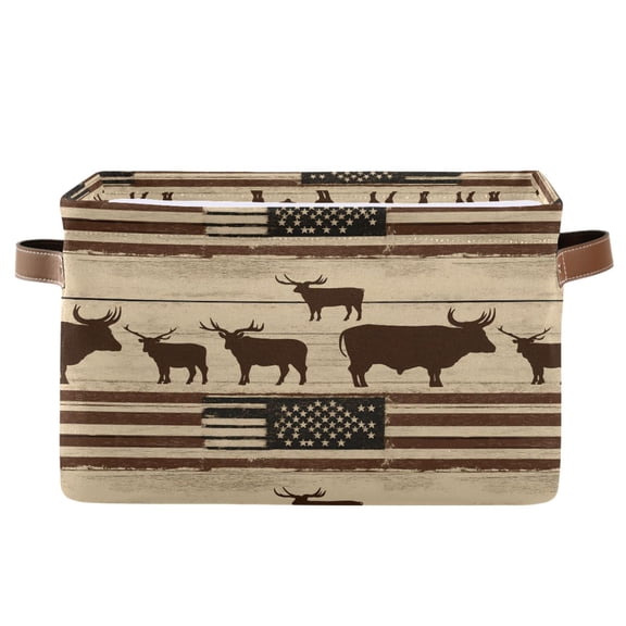 Storage Bins with Handle Fabric Organizer Basket Foldable Box 1 Pack American Flag and Cow 14.2x10.2x8.3