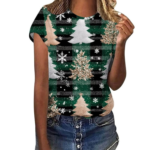 Women's Christmas Shirts Funny Christmas Tree Print Tee Shirts Crew Neck Top Short Sleeve Pullover Sweater Blouses Side Split Christmas Tops Christmas Gifts