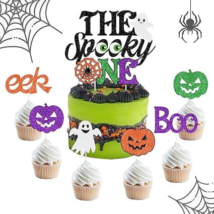 25 Pieces The Spooky One Cake Topper with Halloween Cupcake Toppers Pumpkin Ghost BOO EEK for Halloween Themed 1st Birthday Party Decorations