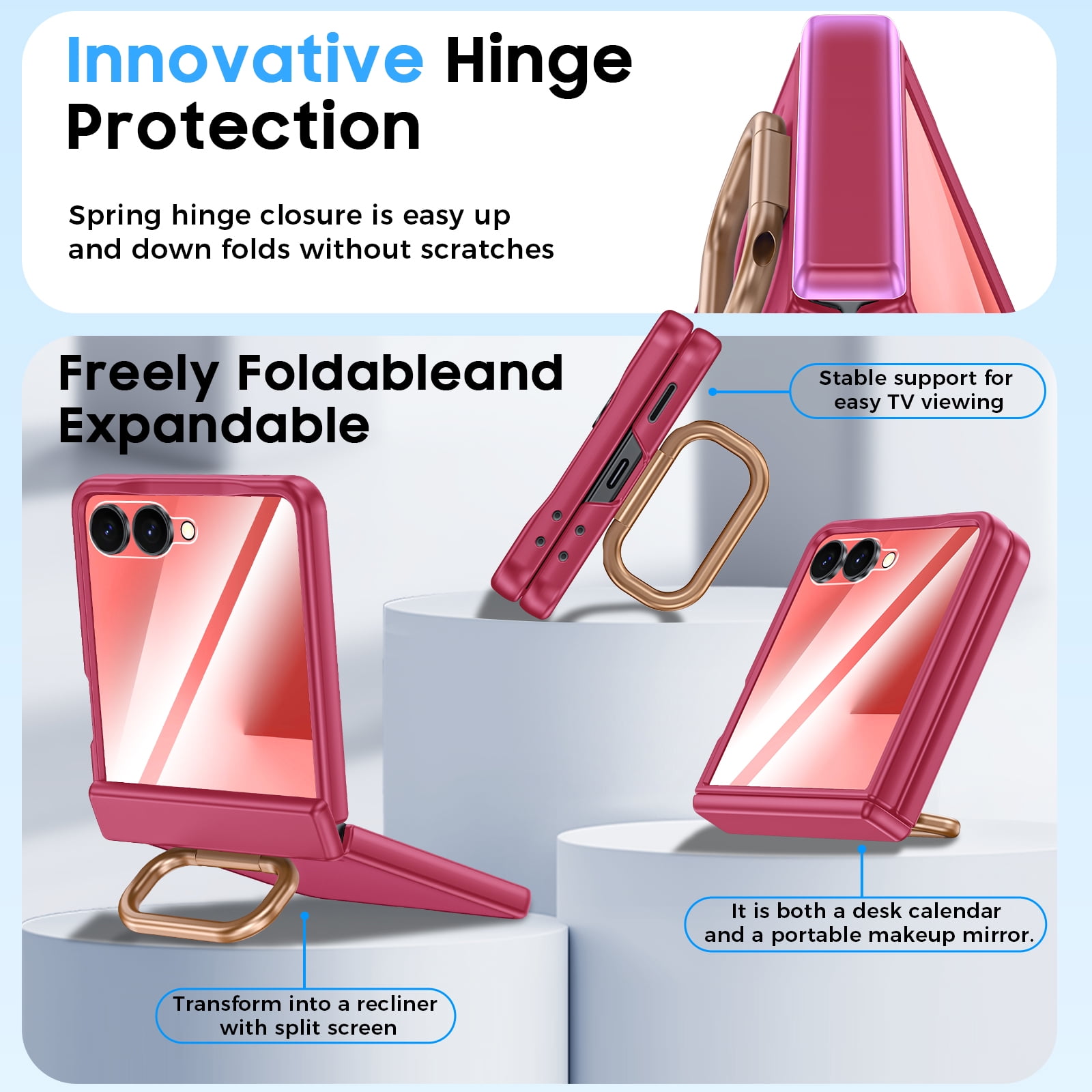 Vizvera for Samsung Galaxy Z Flip 7 Case with Ring Holder & Screen Protector & Hinge Protection,Wireless Charging,Skin Feel Matte PC,Shockproof Phone Case-Rose Red