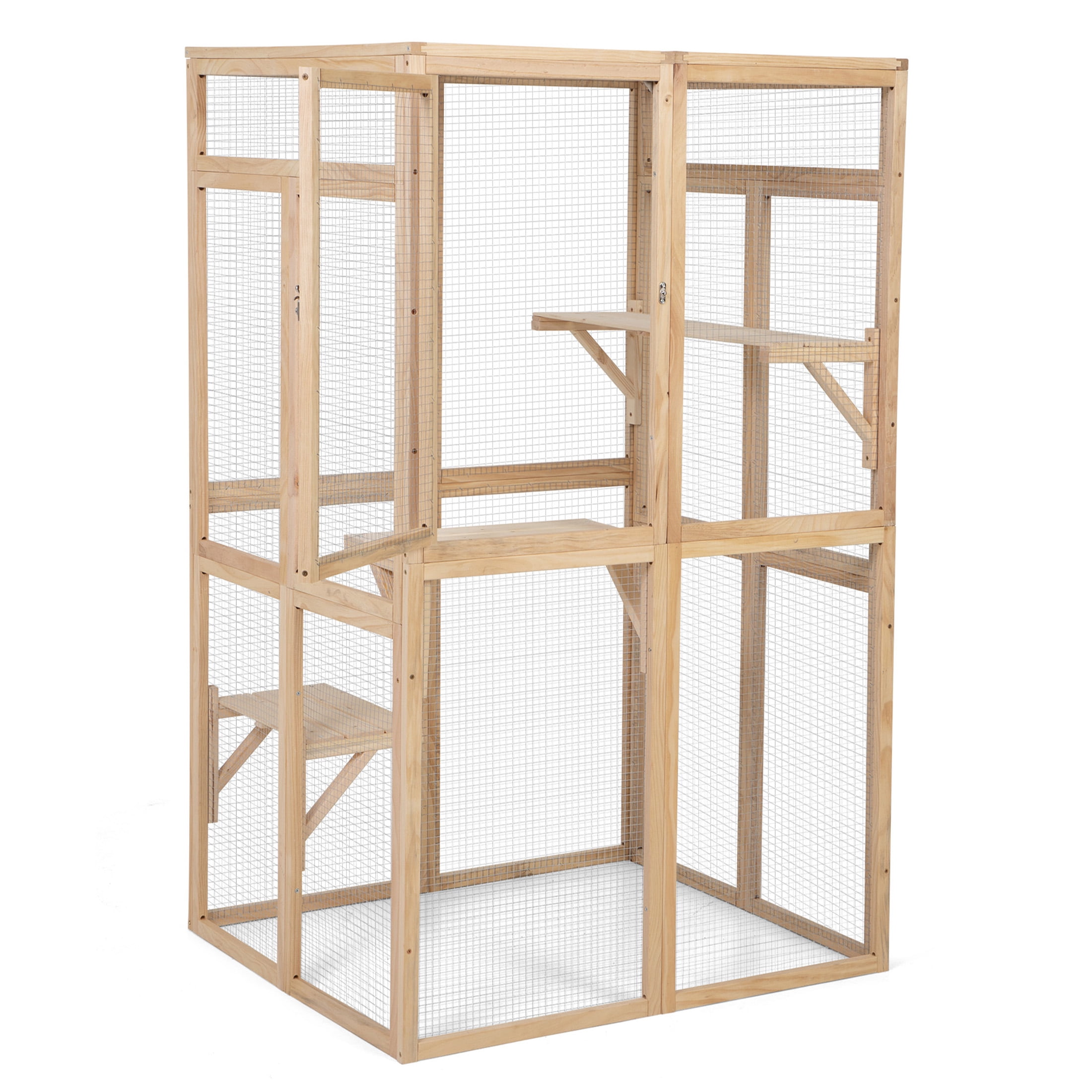 JERFIT Large Outdoor Wooden Catio Enclosure with Sunroof, Platforms & Hammock for Indoor Outdoor Cats, Weatherproof Cat House Cage Condo in Burly Wood