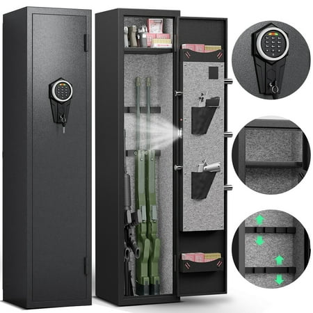 5-6 Gun Safe Home Rifle and Pistol Safe Quick Access Long Gun Safe Shotgun Rifle Cabinet Physical Button Panel Zinc Alloy Handle High Security Five Locking Bolts with Two Bullet Slots Black